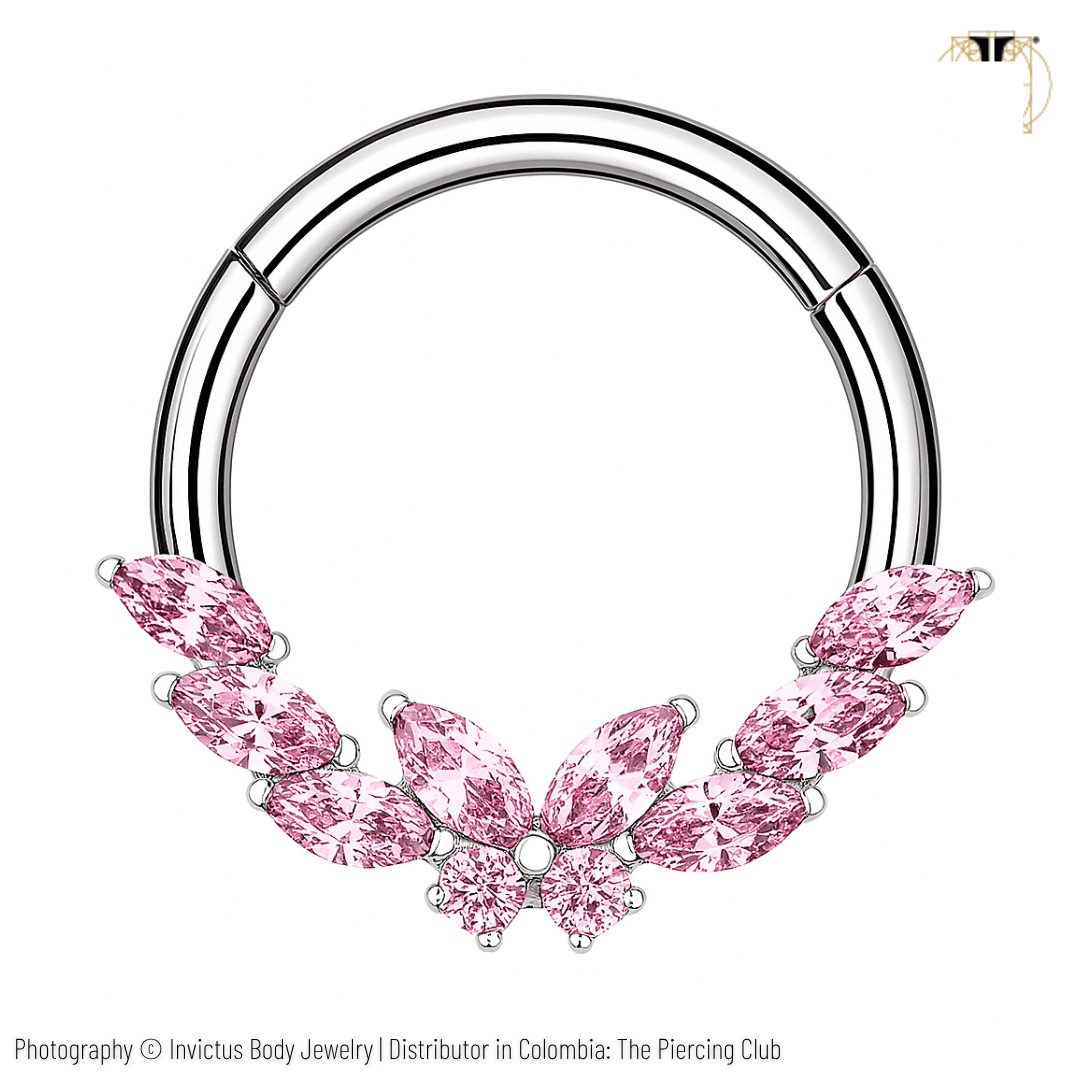 Aro, Argolla mariposa con cristal Rosado deluxe / Titanio grado implante / INVICTUS